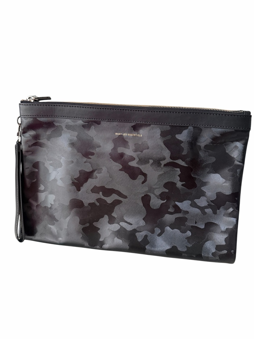 WANT LES ESSENTIELS Large Fold Double Zip A5 Folio Wristlet Bag Black Camo NEW